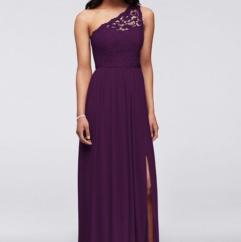 David's Bridal Plum One-Shoulder Bridesmaid Dress